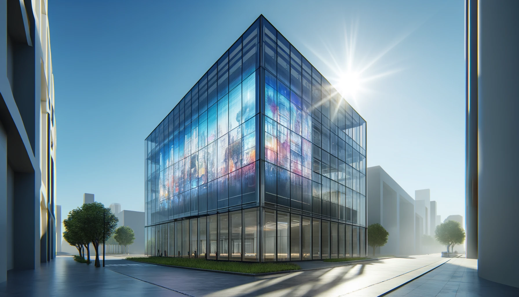transparent LED display facade. The building has a sleek, contemporary design with a large, visible LED screen