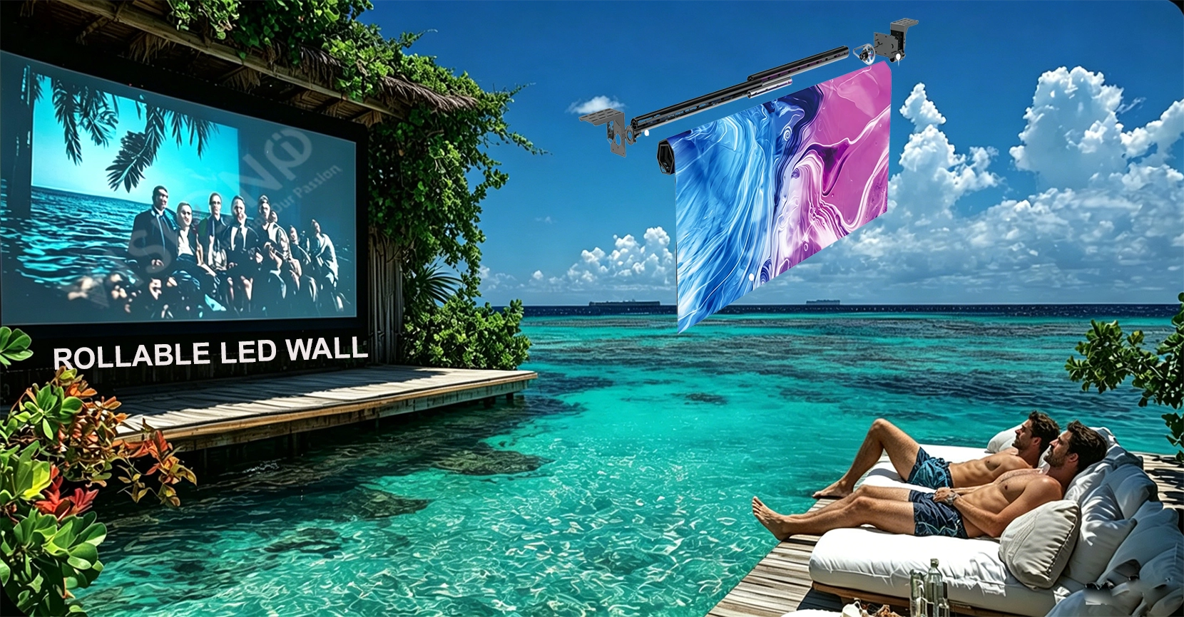 Auto retractable rollable outdoor LED TV, high brightness waterproof all-weather LED screen, luxury coastal villa swimming pool balcony outdoor theater display