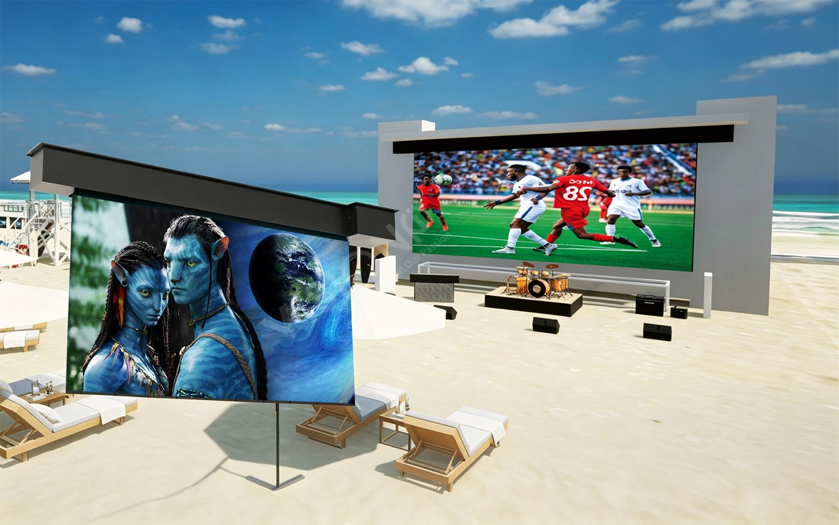 Rollable outdoor LED display for villa backyard, waterproof auto lift outdoor LED TV screen for luxury swimming pool balcony outdoor cinema