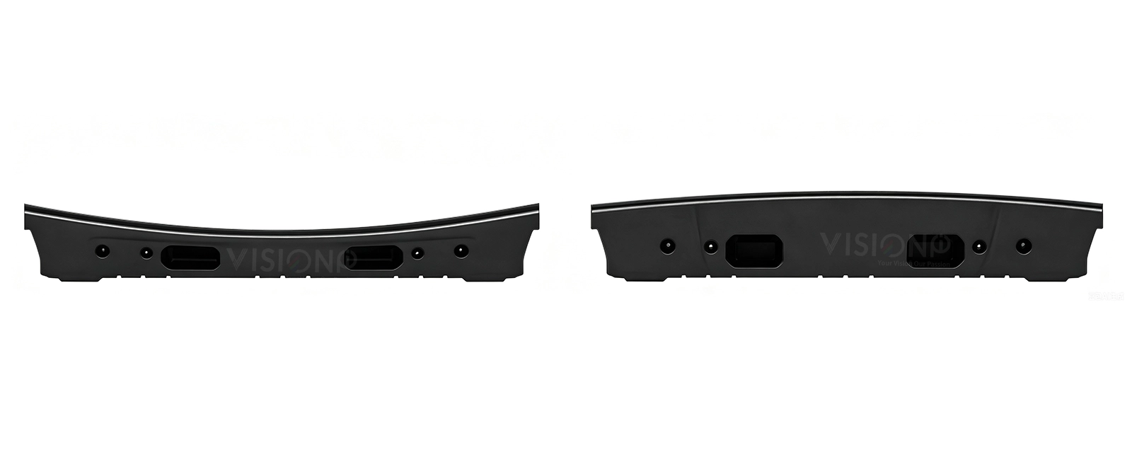 Fine pitch indoor concave convex LED display with MIP, precise alignment die-cast aluminum cabinet Bottom views of two black curved panels showing ports and screw holes side by side. Branding faint in the center area.