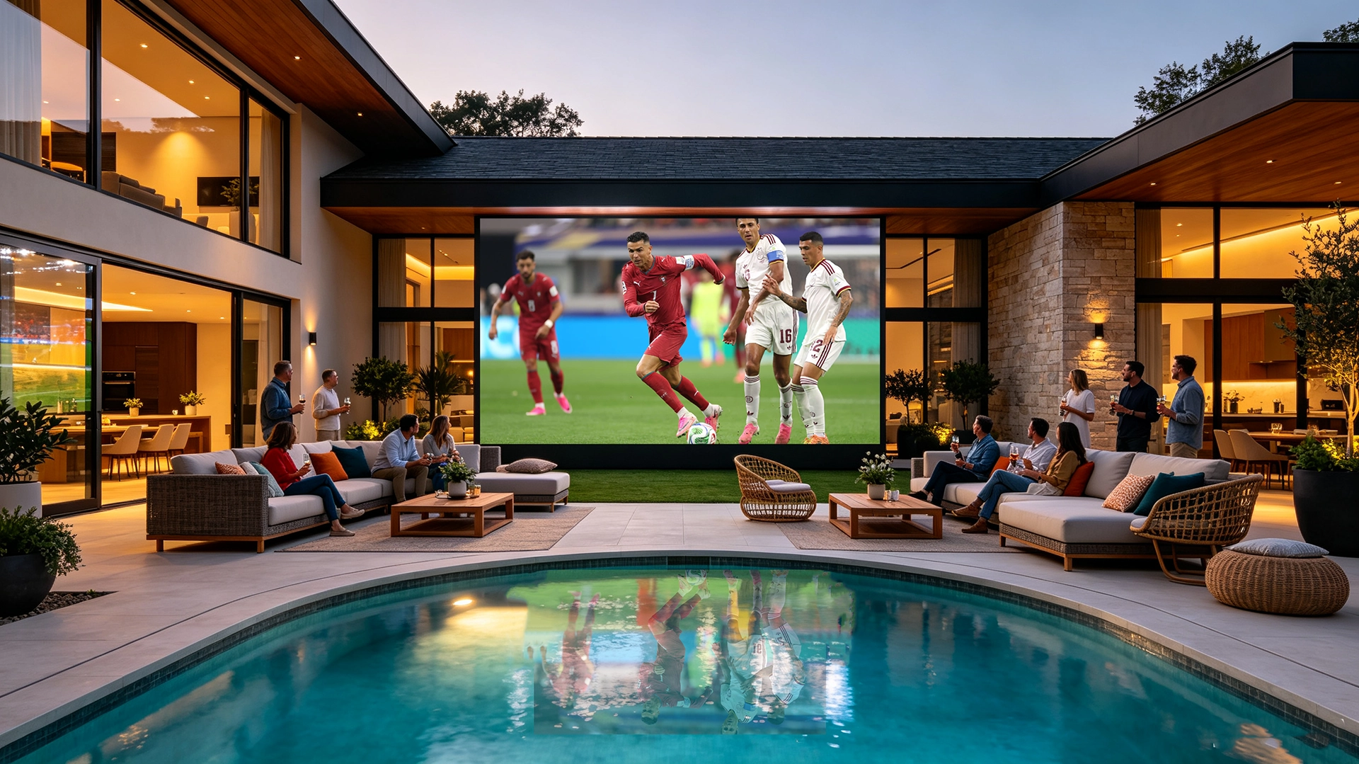 High-definition outdoor LED display with fine pixel pitch, ideal for villa backyard entertainment, FIFA games, live sports matches and movie nights