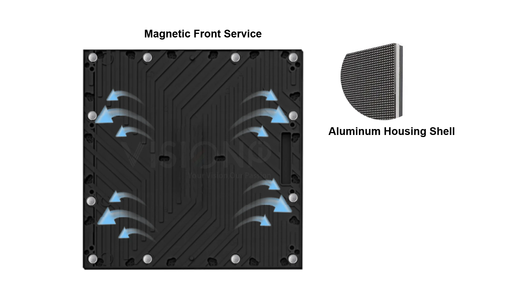 magnetic front service outdoor small pitch LED display, aluminum alloy housing, passive natural heat dissipation, high temperature resistance