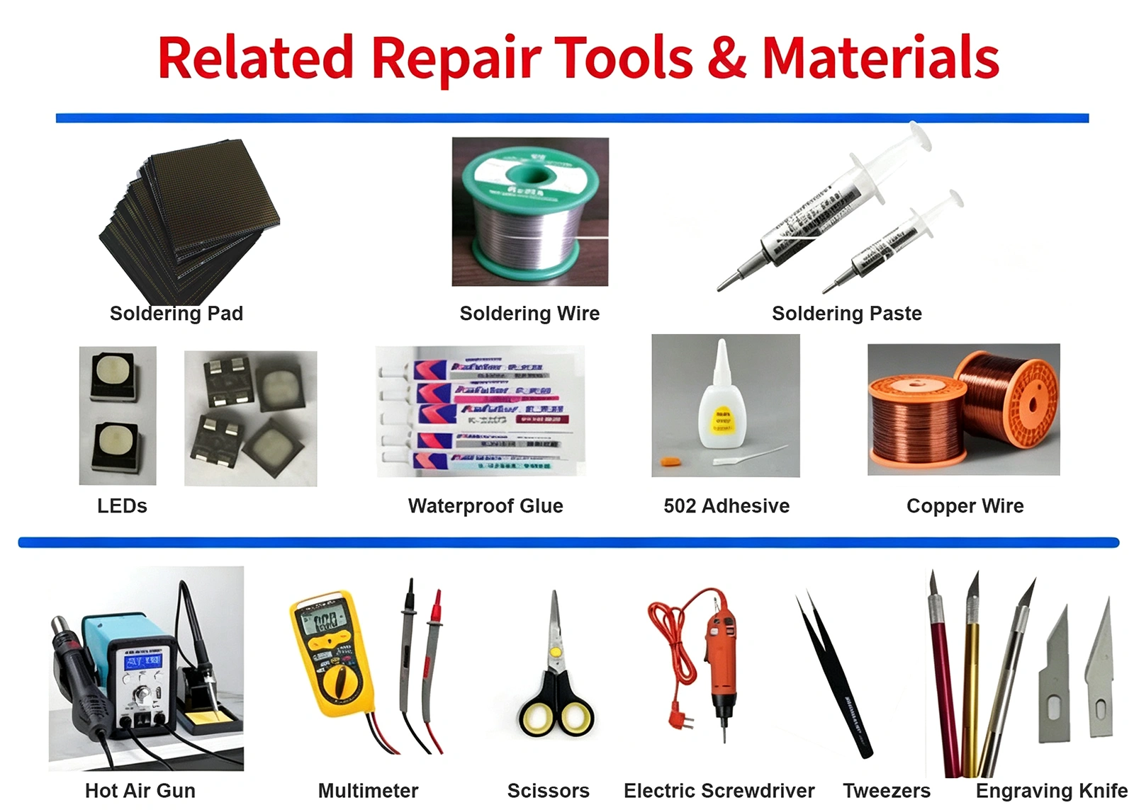 Manufacturer direct LED module repair tools full set, soldering pad repair paper, hot air gun, soldering iron, enameled wire and accessories kit Manufacturer direct LED module repair tools full set, soldering pad repair paper, hot air gun, soldering iron, enameled wire and accessories kit