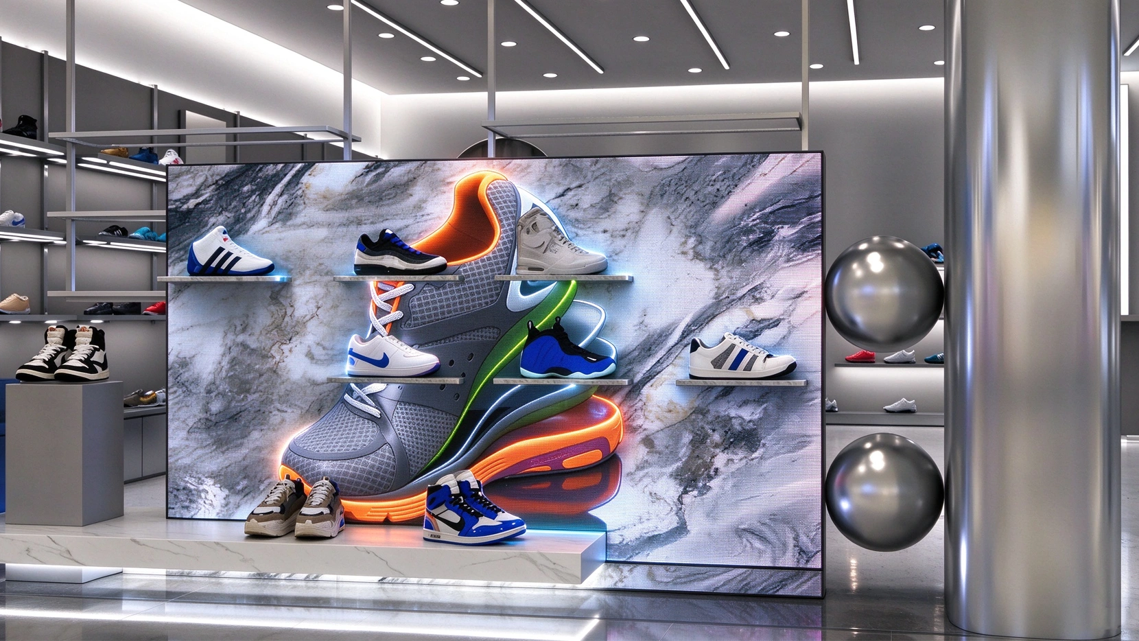 marble textured led display in store showcase wall